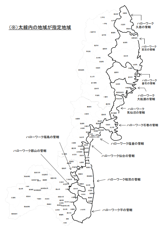 被災３県（岩手・宮城・福島）の沿岸地域などで雇用保険の給付日数を再延長の図